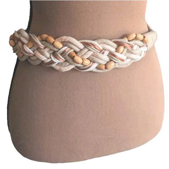 80s Macrame Belt Stretch 30-32" Earth Tones Satin Rope Wooden Beads VTG Boho - Picture 9 of 9